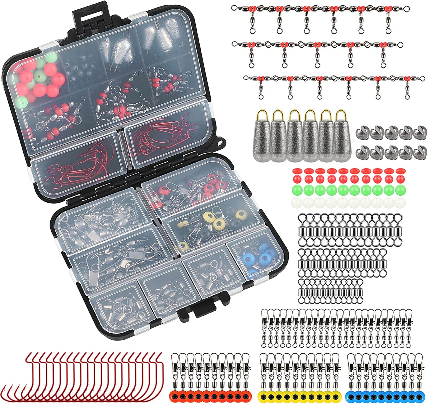 Fishing Tackle Set 180Pcs, Fishing Accessories Set with Tackle Box Including Barrel Swivels,Off Set Hooks,Swivel Slides,Cross-Line Barrel Swivels