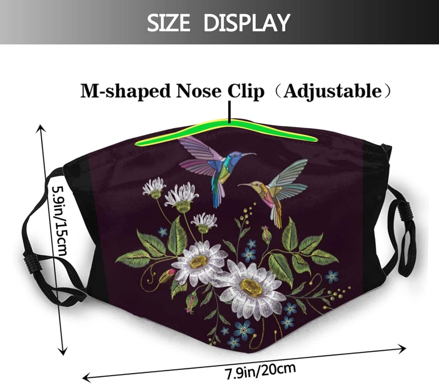 Beautiful Hummingbirds and White Chamomile on Black Face Mask Scarf, Washable Reusable Adjustable Bandana with 2 Filters Unisex Men & Women