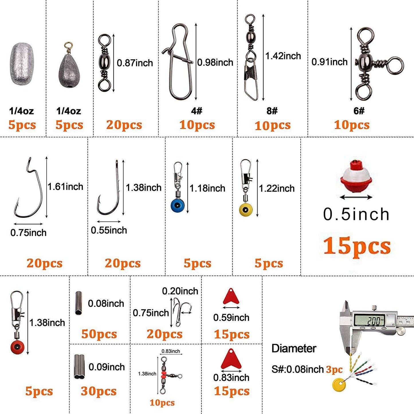 Fishing Accessories Tackle Kit Box- 273 Sinker Weights Crossline Barrel Swivel Snap Hooks Sinker Slides Fishing Bead with Tackle Box