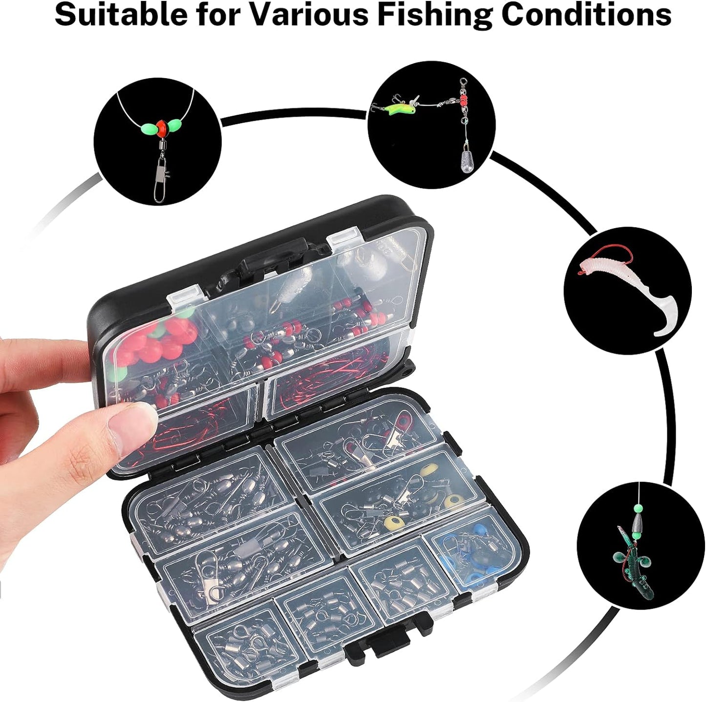 Fishing Tackle Set 180Pcs, Fishing Accessories Set with Tackle Box Including Barrel Swivels,Off Set Hooks,Swivel Slides,Cross-Line Barrel Swivels