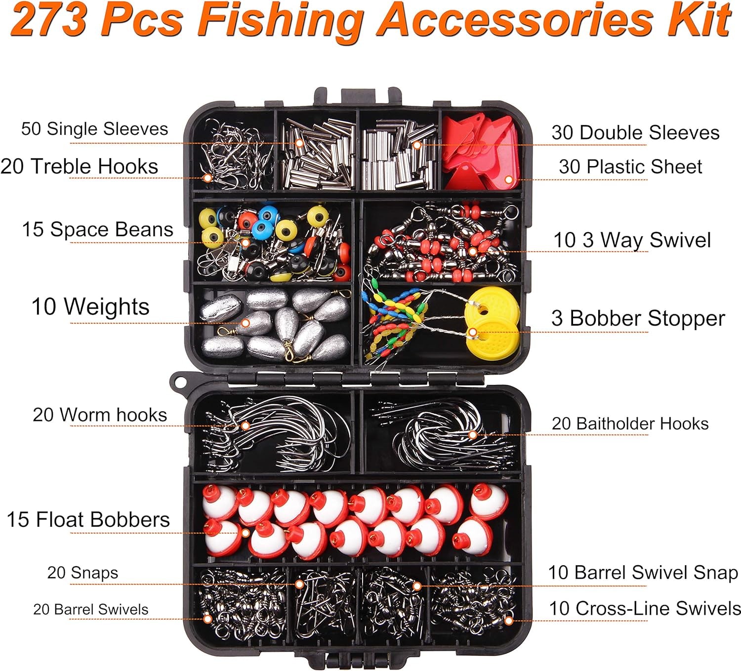 Fishing Accessories Tackle Kit Box- 273 Sinker Weights Crossline Barrel Swivel Snap Hooks Sinker Slides Fishing Bead with Tackle Box