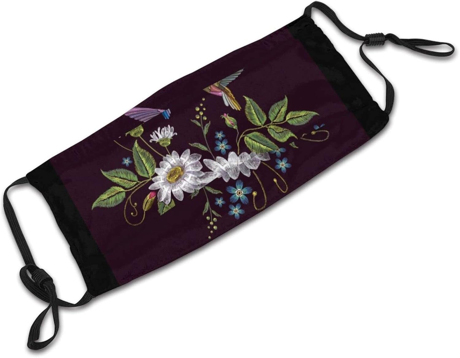 Beautiful Hummingbirds and White Chamomile on Black Face Mask Scarf, Washable Reusable Adjustable Bandana with 2 Filters Unisex Men & Women