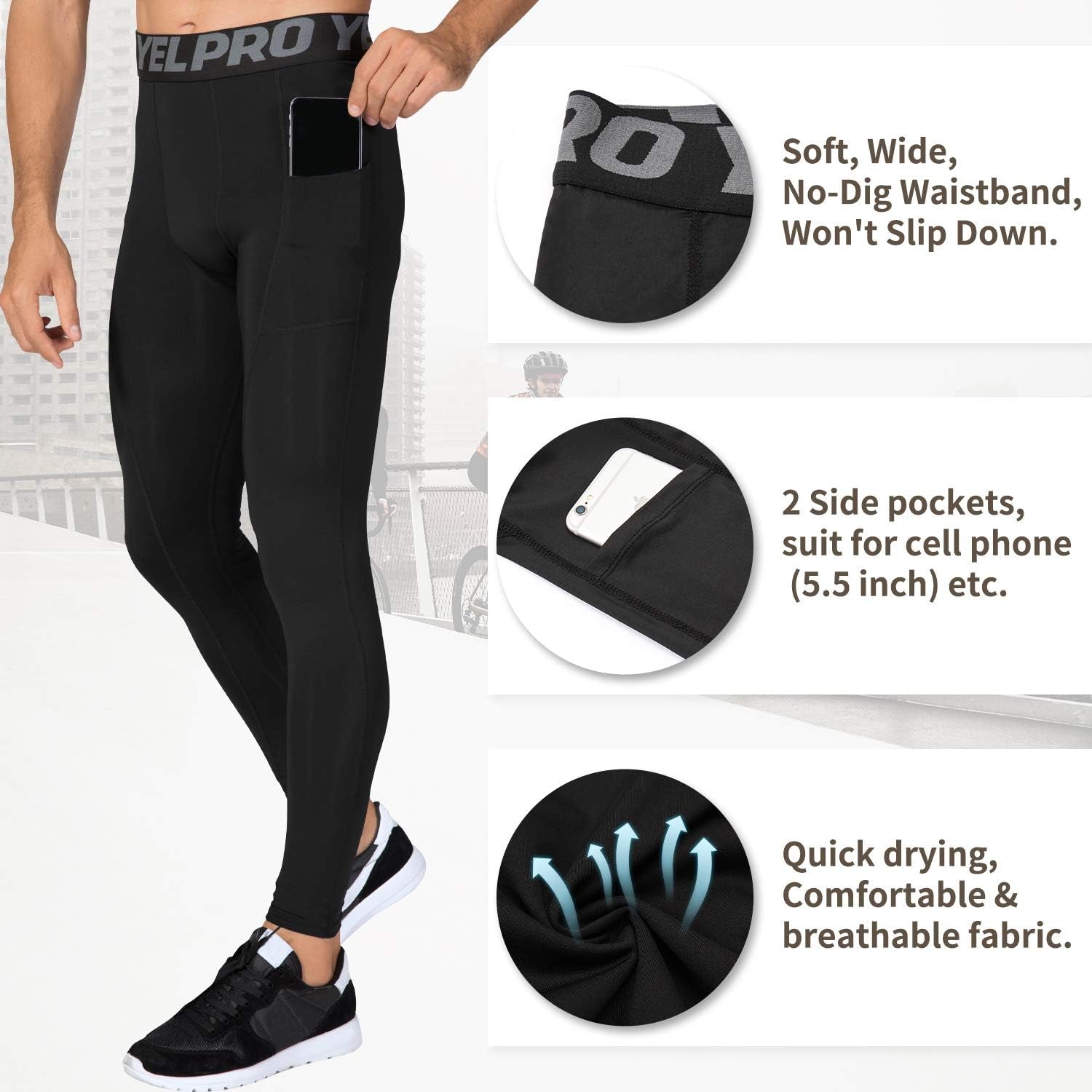 2 or 3 Pack Men'S Compression Pants Leggings Running Tights with Pocket Cool Dry Workout Base Layer Athletic Gym Pants