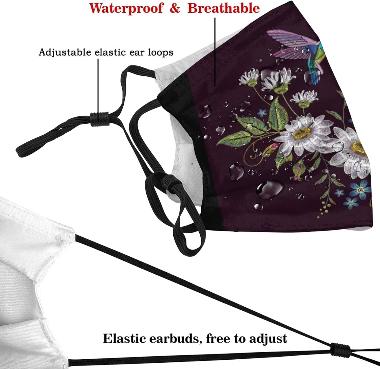 Beautiful Hummingbirds and White Chamomile on Black Face Mask Scarf, Washable Reusable Adjustable Bandana with 2 Filters Unisex Men & Women