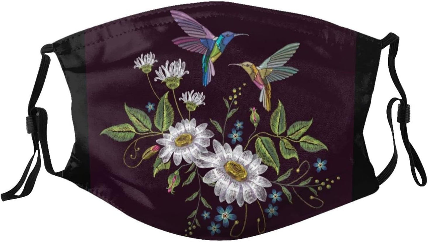 Beautiful Hummingbirds and White Chamomile on Black Face Mask Scarf, Washable Reusable Adjustable Bandana with 2 Filters Unisex Men & Women