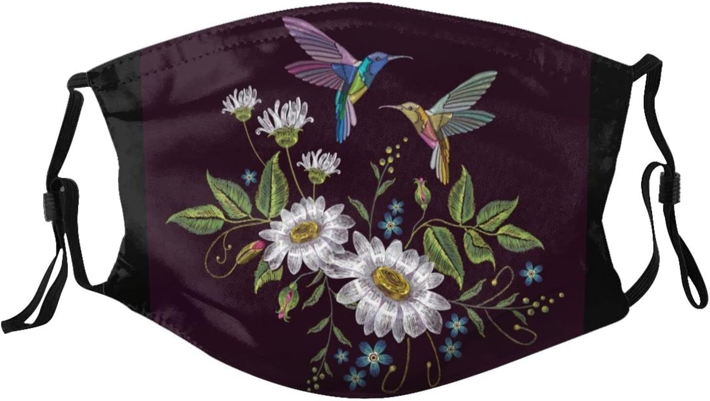 Beautiful Hummingbirds and White Chamomile on Black Face Mask Scarf, Washable Reusable Adjustable Bandana with 2 Filters Unisex Men & Women