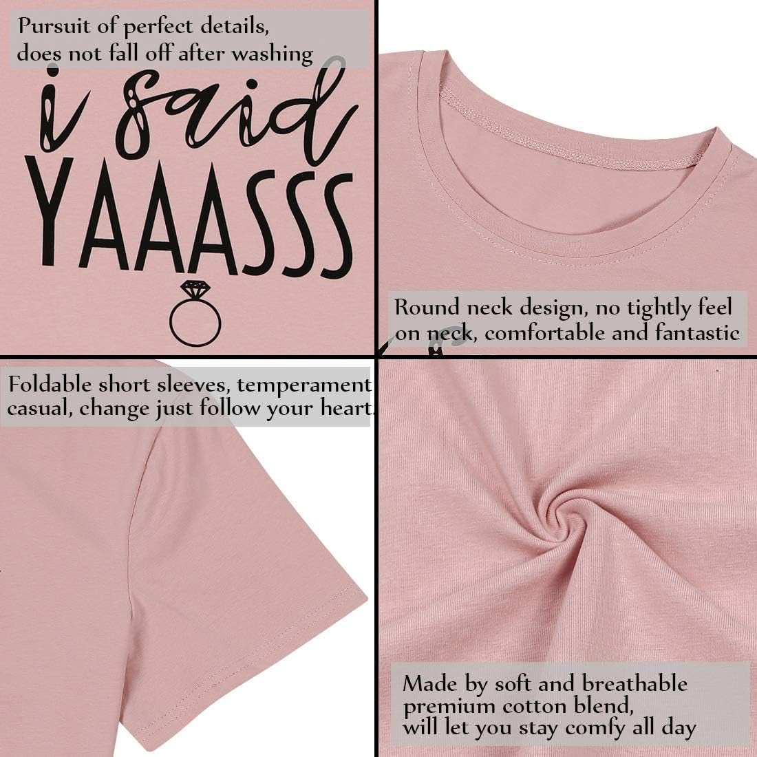 Bride T Shirt I Said Yaass Diamond Ring Wedding Honeymoon Shirts Women Vacation Bachelorette Party Tees Tops Size M (Pink)