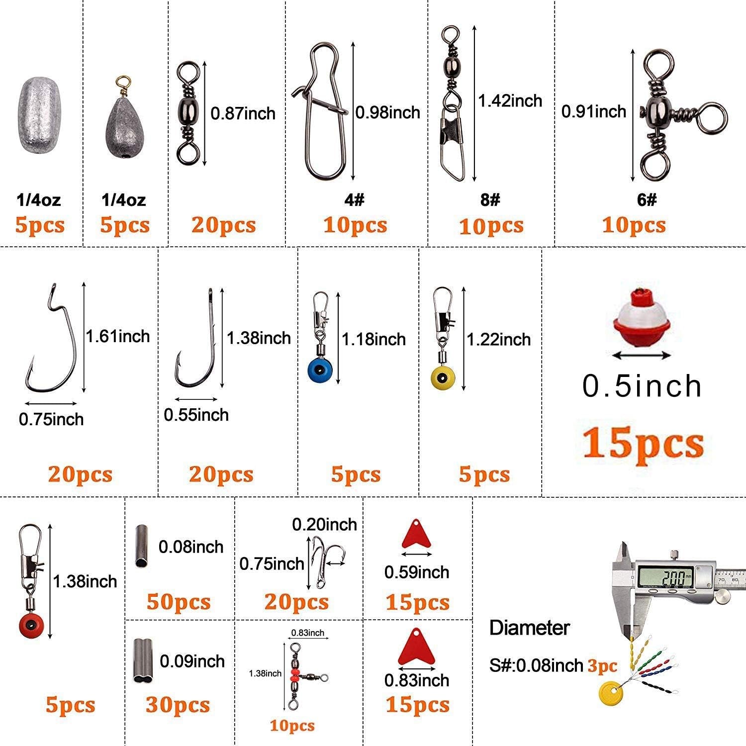 Fishing Accessories Tackle Kit Box- 273 Sinker Weights Crossline Barrel Swivel Snap Hooks Sinker Slides Fishing Bead with Tackle Box
