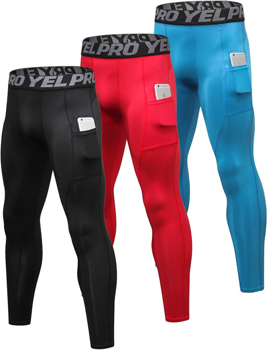 2 or 3 Pack Men'S Compression Pants Leggings Running Tights with Pocket Cool Dry Workout Base Layer Athletic Gym Pants