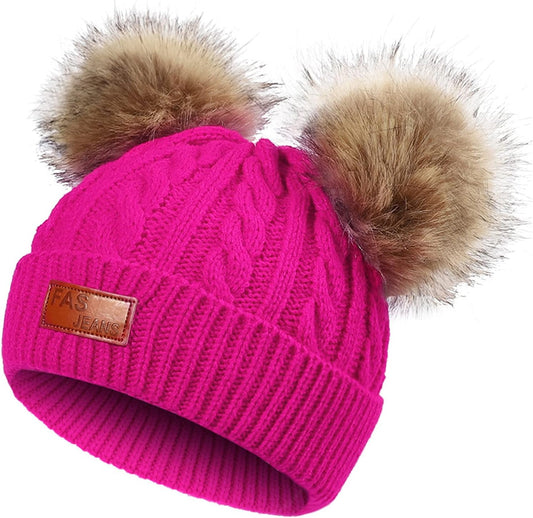 Womens Winter Double Pom Pom Beanie Hats Detachable Fur Ball Cute Cap Warm Soft Cable Knit Hat with Ears for Girls